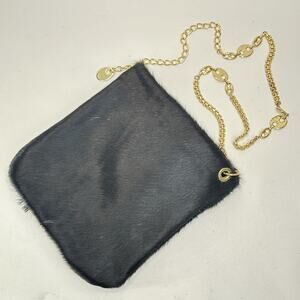 Calf Hair Leather Handbag Black Gold Tone Medallion Chain Purse Shoulder Bag